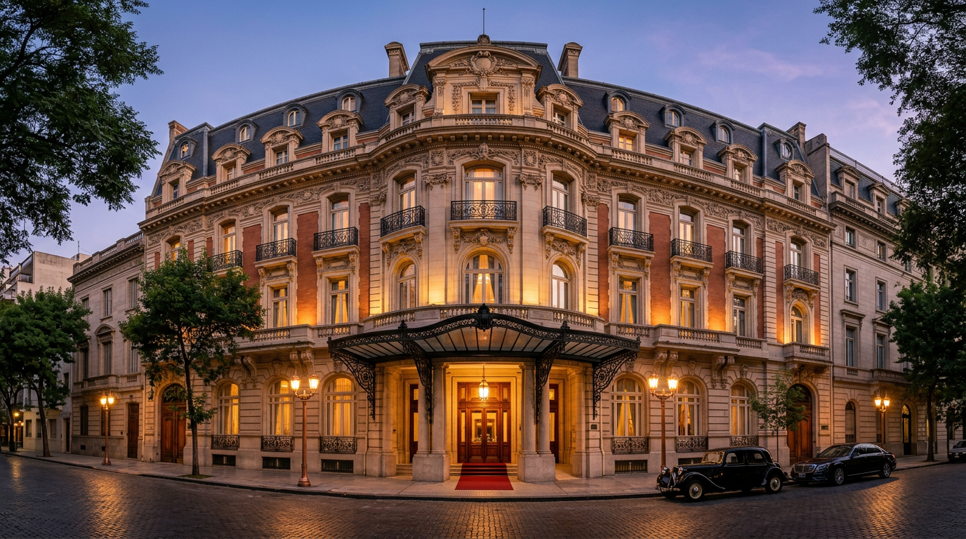 Fachada del hotel al atardecer