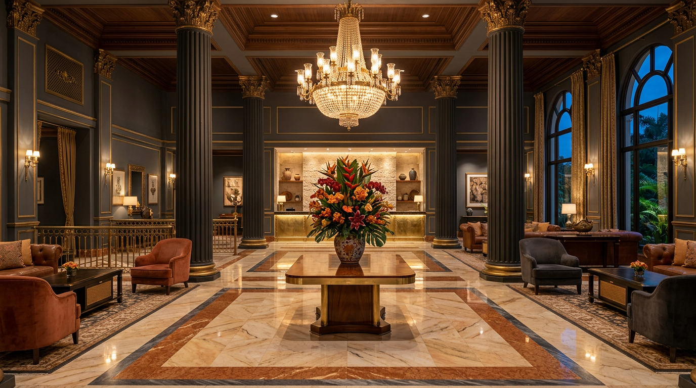 Lobby elegante del PlayStay Resort con mármol y candelabros