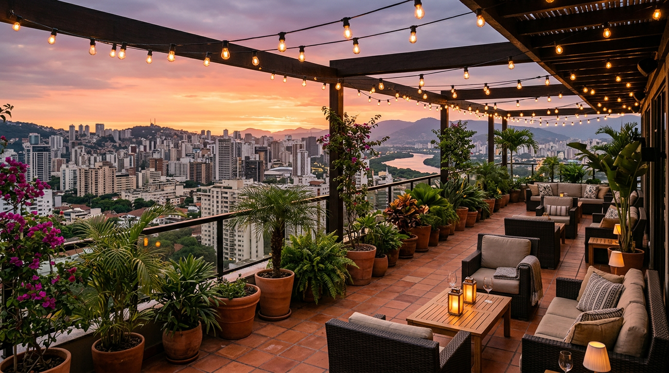 Terraza panorámica del hotel al atardecer
